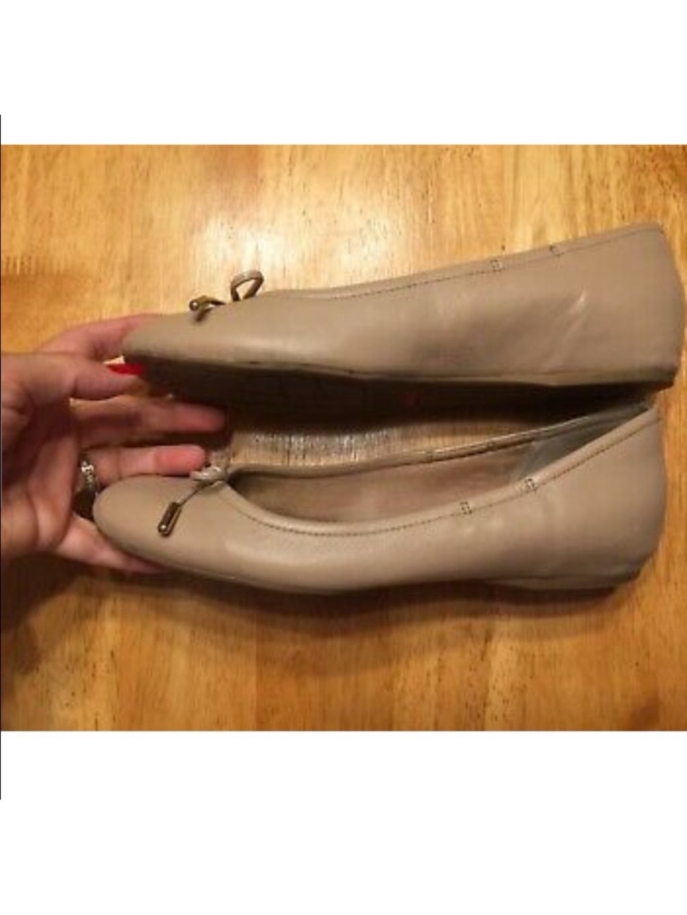 Rockport Beige Leather Ballet Flats with Bow Trim